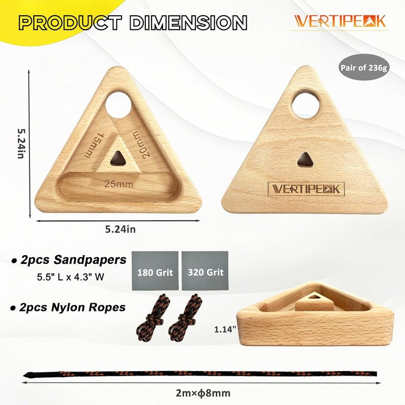VERTIPEAK Portable Hangboard Rock Climbing, 2 pack Triangular Wooden Climbing Fingerboard with 3 Multi-Depth Pockets, Finger Strength, Arm Workout & Pull-up Training - Image 3